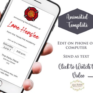 May include: A smartphone screen displaying a graduation announcement for Lane Henslee from the Texas Fire Academy. The announcement includes a red and white fire department logo, the date and time of the event, and the location. The text "Click to Watch the Video" is displayed on the screen.