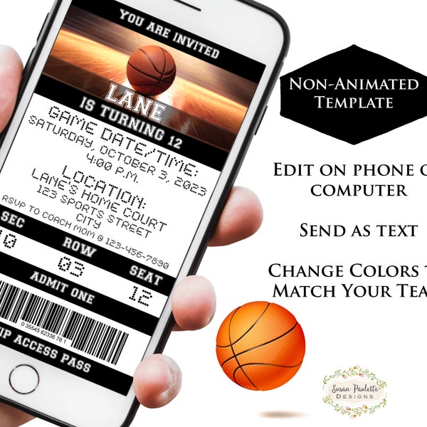 Basketball Ticket Birthday Party Invitation, Tween Teen Teenage Basketball B-day Invite, Digital Textable Phone Invitation, Canva Template