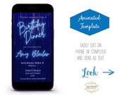 Editable Birthday Dinner Digital Invitation E-vite Animated Dinner Party Shades of Blue Glitter Mobile Video Invite Text Canva Template