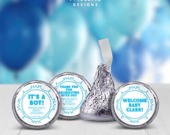Printed Chocolate Kiss Stickers,  It’s A Boy Baby Shower Table Decor, Candy Labels for Blue Baby Sprinkle