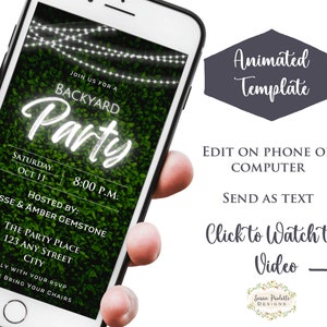 Backyard Party Digital Invitation Spring Summer E-vite Animated Party Outdoors Patio Lights Mobile Video Invite Text Canva Template