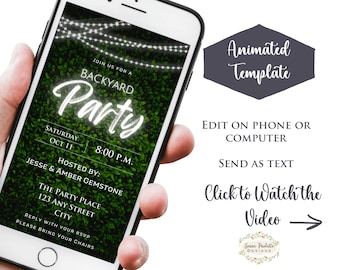Backyard Party Digital Invitation Spring Summer E-vite Animated Party Outdoors Patio Lights Mobile Video Invite Text Canva Template