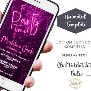 May include: A pink and purple animated digital invitation with sparkling glitter background. The text reads "It's Party Time! Madeline Clark is turning 40. Please join us to celebrate Saturday, April 8, 8:00 PM. The Party Place, 1233 Any Street, City. Please reply with RSVP."