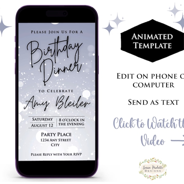 Birthday Dinner Invitation, Animated Dinner Party Evite, Black & White Party Invite, Dinner and Drinks Textable Phone Template