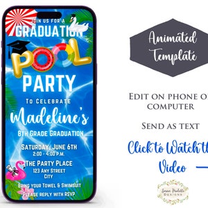 Invitación a fiesta de graduación en la piscina, invitación animada con texto para fiesta de natación, celebración en la piscina, fiesta infantil en la piscina, descarga digital, Canva