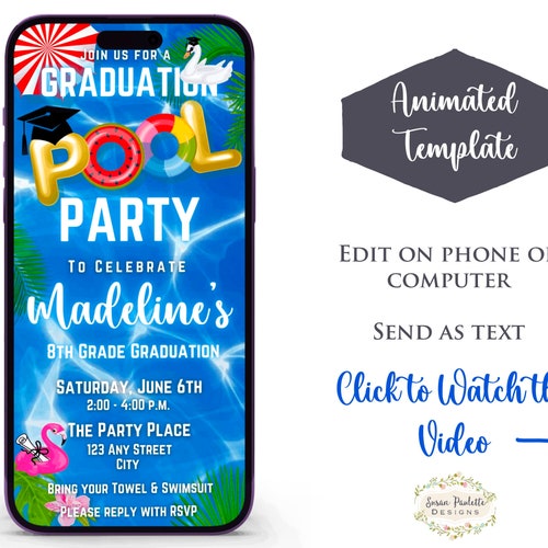 Faire-part de remise des diplômes à la piscine, invitation de fête de natation textuelle animée pour diplômés, fête de la piscine, fête de natation pour enfants, téléchargement numérique, toile