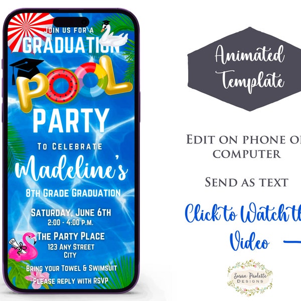 Graduation Pool Party Invitation, Animated Textable Swim Grad Party Invite, Pool Celebration, Kids Swimming Party, Digital Download, Canva