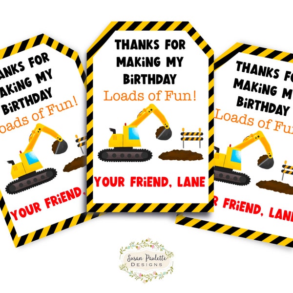 Construction Birthday Party Favor Tags, Editable Heavy Equipment Party Treat Tag, Dump Truck Party Digital Download, Canva Template