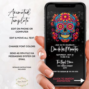 Invitación a la fiesta de Halloween del Día de los Muertos, invitación animada a la celebración del Día de los Muertos, invitación a teléfono móvil digital, Canva editable
