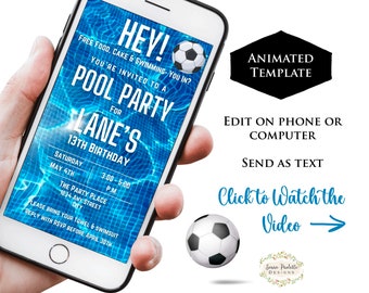 Soccer Pool Party Birthday Invitation, Animated Tween Teen Teenage Guy Boy Pool Party Invite, Textable Digital Download, Canva Template