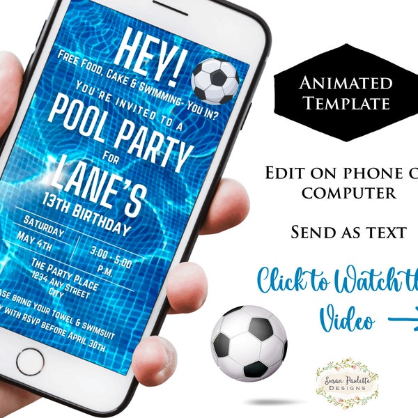 Soccer Pool Party Birthday Invitation, Animated Tween Teen Teenage Guy Boy Pool Party Invite, Textable Digital Download, Canva Template