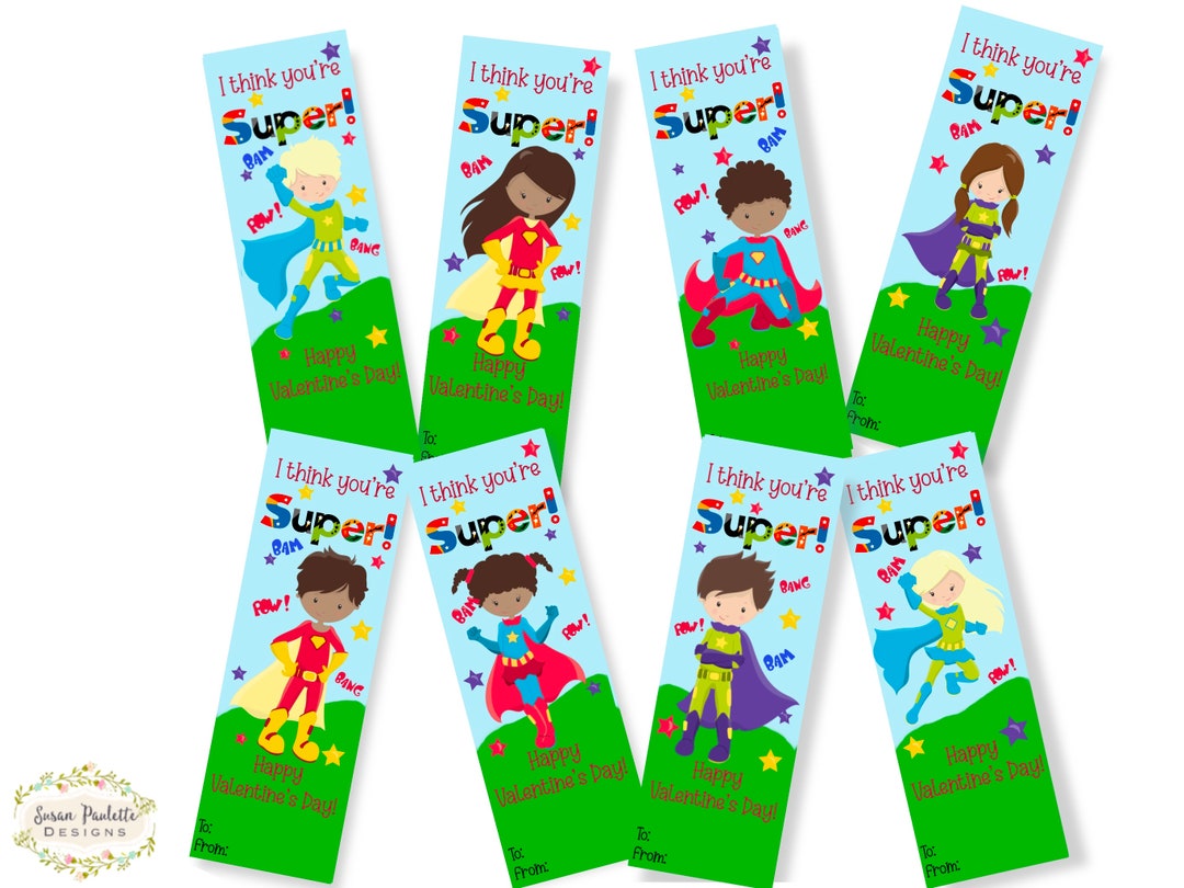 Super Hero Valentine Bookmarks Printable PDF Instant Download 16 Designs Boys Girls Non