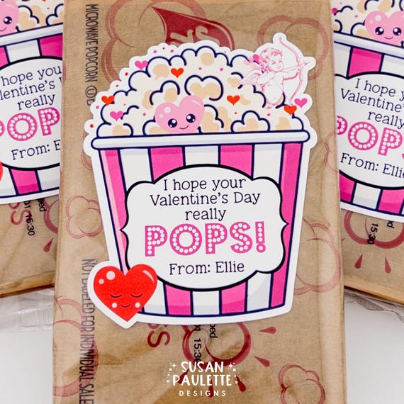 Kids Popcorn Valentine Stickers, Poppin’ Party Favor Stickers for Class Gift Exchange, Valentine’s Day DIY Treat Labels, Set of 10