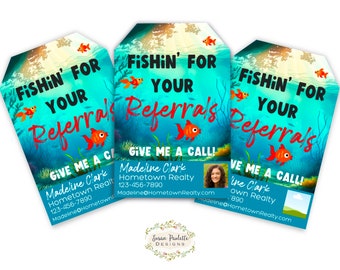 Fishing Realtor Tags Pop By Tag, Fishin’ for Your Referrals, Mortgage Marketing Staffing Referral Business Digital Download Canva
