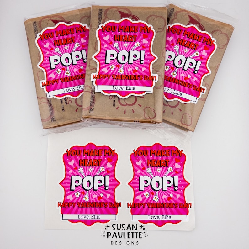 Pegatinas de palomitas de maíz para San Valentín para niños, pegatinas de recuerdo para fiestas de San Valentín, etiquetas para regalar en clase, etiquetas para regalar en San Valentín (juego de 10) Pink Shield