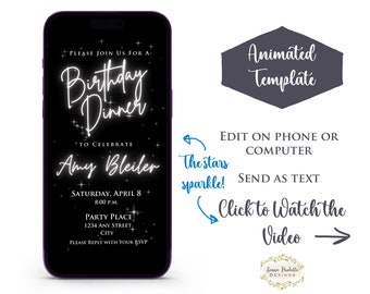 Editable Birthday Dinner Digital Invitation, Animated Dinner Party E-vite, Black White Sparkle Stars Mobile Video Invite Text Canva Template