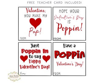 Etiquetas Pop It de San Valentín para imprimir, descarga digital instantánea, cuatro diseños, etiquetas Pop It Pop Rocks con forma de anillo de palomitas de maíz, tarjeta para el maestro incluida