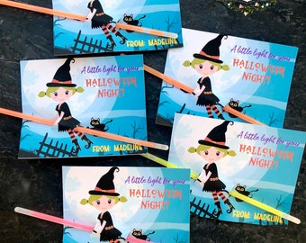 Halloween Glow Stick Tag, Witch Classroom Halloween Party Favor, bewerkbare digitale canvassjabloon, niet-candy Treat, Trunk or Treat-gunst