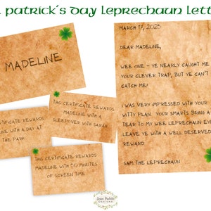 Juego de cartas y certificados de recompensa de duende, plantilla de sobre incluida, nota editable personalizada del Día de San Patricio, descarga digital
