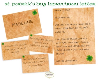 Leprechaun Letter And Reward Certificate Set, Envelope Template Included, Personalized St. Patrick’s Day Editable Note Digital Download