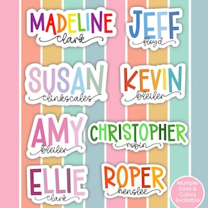 May include: Vinyl school supply label sheets featuring various names like Madeline, Jeff, Susan, Kevin, Amy, Christopher, Ellie, and Roper in colorful, bold block letters paired with cursive surnames. The background has vertical pastel stripes.
