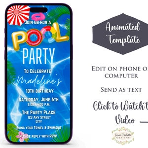 Pool Party Invitation, Animated Textable Swim Party Invite, Pool Birthday Celebration, Kids Swimming Party, Digital Download, Canva Template