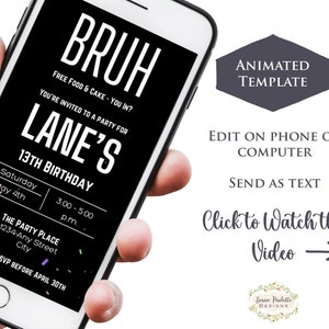 Invitación a la fiesta de cumpleaños de BRUH, invitación al día B de adolescentes adolescentes de neón, invitación animada por mensaje de texto digital, descarga digital, Canva