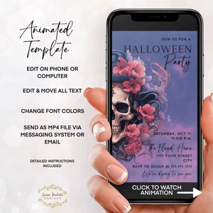 Costumes and Cocktails Halloween Party Invitation, Animated Skull Pastel Halloween Party Invite, Digital Mobile Phone Invite, Editable Canva