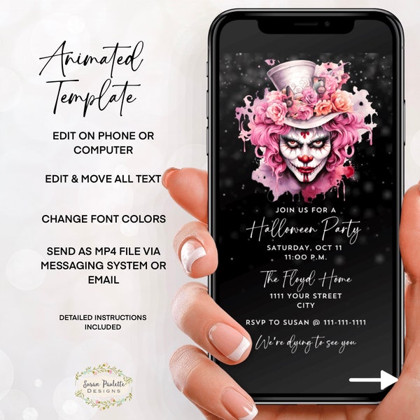 Halloween Party Invitation, Animated Scary Clown Pastel Halloween Party Invite, Digital Mobile Phone Invite, Editable Canva Template