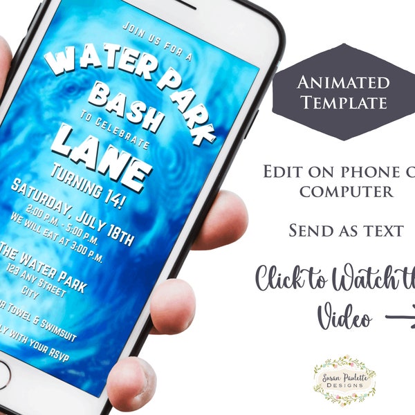 Water Park Invitation, Boys Animated Tween Teen Teenage Guy Waterpark Birthday Party Invite, Text Digital Download, Canva Template