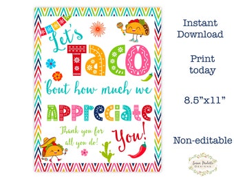 Teacher Appreciation Printable Sign 8.5x11, Instant Download PDF, Taco Theme School Break Room Poster, Not Editable