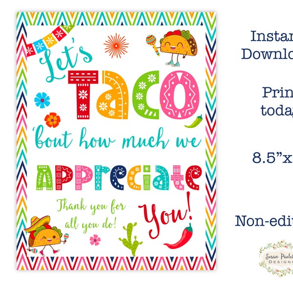 Teacher Appreciation Printable Sign 8.5x11, Instant Download PDF, Taco Theme School Break Room Poster, Not Editable