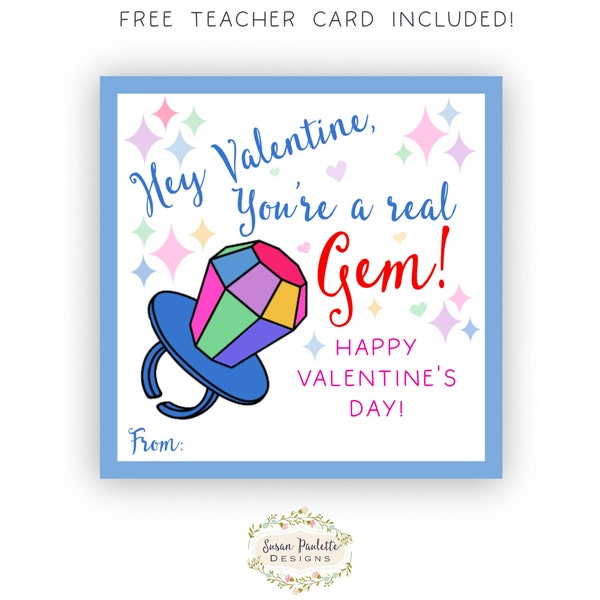 Ring Pop Kids Valentines Day Card PDF, Instant Download Candy Ring Valentine Printable, Free Teacher Valentine Included