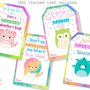 Squishy Valentine Tags, Printable Instant Download PDF Four Designs Valentine Cards, Squish Non Food Valentine Card, Free Teacher Card