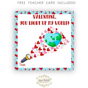 Valentine Flashlight Tags, PDF Printable Instant Download, Valentine You Light Up My World Cards, Non Candy Valentine, Classroom Exchange