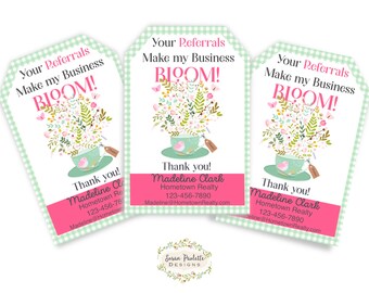 May include: Three gift tags with a floral teacup design. The tags have a green gingham border and pink accents. Text includes "Your Referrals Make my Business BLOOM!" and contact details.