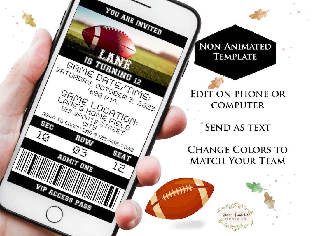 Football Ticket Birthday Party Invitation, Tween Teen Teenage Football ...