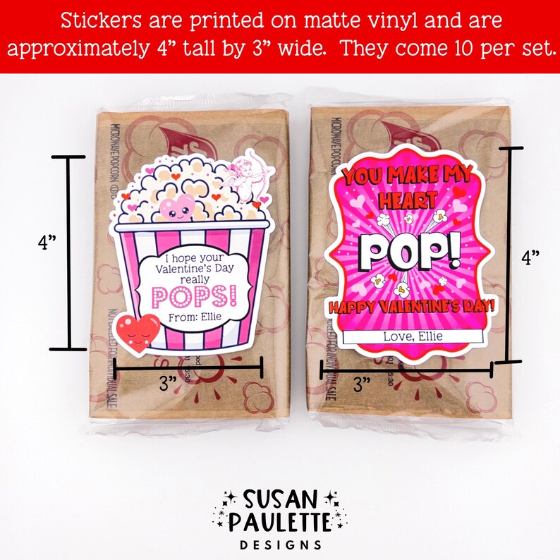 Pegatinas de palomitas de maíz para San Valentín para niños, pegatinas de recuerdo para fiestas de San Valentín, etiquetas para regalar en clase, etiquetas para regalar en San Valentín (juego de 10) imagen 3