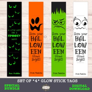 Étiquettes de bâton lumineux d’Halloween, faveur de fête d’Halloween en classe monstre, modèle Canva modifiable, friandise sans bonbons, faveur de coffre ou de friandise, ensemble de 4