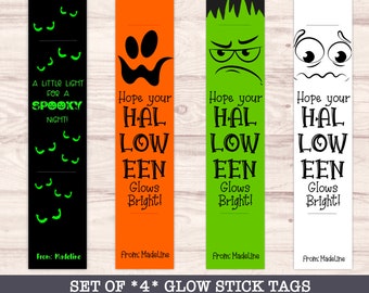 Halloween Glow Stick-tags, Monster Classroom Halloween-feestgunst, bewerkbare canvassjabloon, niet-candy Treat, Trunk or Treat-gunst, set van 4