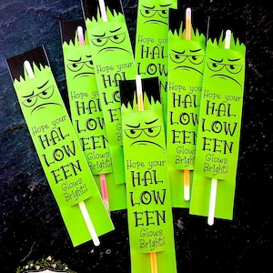 Halloween Glow Stick Frankenstein Tag, Monster Classroom Halloween Party Favor, Editable Canva Template, Non-bonbons Treat, Trunk or Treat