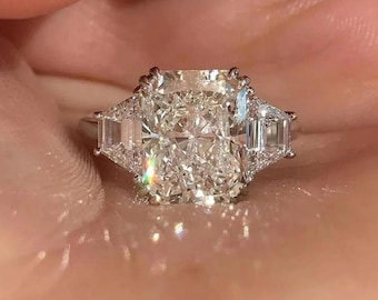 Luxury! Trilogy Moissanite Engagement Ring • Radiant & Trapezoid Cut • Affordable Luxury Ring • 14k Gold Art Deco Ring • Trinity Ring
