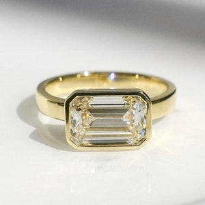 Modern Emerald Moissanite Ring • Bezel Set 14k Solid Yellow Gold Ring • East West Bezel Set Diamond Ring • Classic Gift For Wife