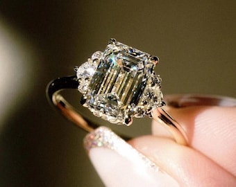 Marvellous!! Emerald Cut Moissanite Ring • Genuine Solid Gold Engagement Ring • Brilliant Round Cut • Three Stone Moissanite Diamond Ring