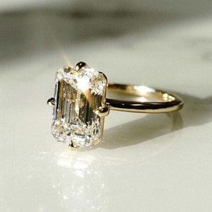 Emerald Cut Moissanite Ring | Luxury Solitaire Diamond Ring | 14k 18k Gold Ring for Women | Minimalist Handmade Jewelry | Compass Prong Set