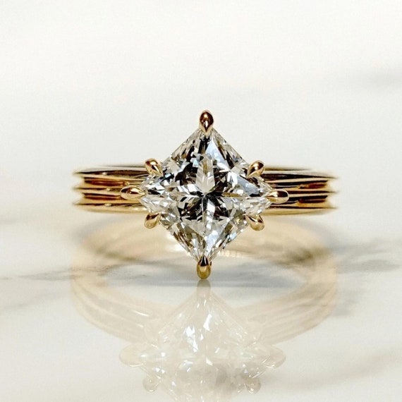 Princess Cut Moissanite Ring • Engagement Proposal Ring • Designer Diamond Wedding Ring • 3 Knife Edge Band+8 Prong • Gold & Silver Ring