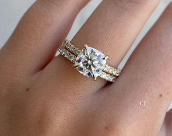 1.5 carat Cushion Cut Moissanite Diamond Ring Stackable Engagement Ring and Wedding Band 2MM Set for her