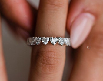 3.5MM Wedding Band Moissanite Diamond Heart Cut Shape Band Stackable Ring in 14k 18k Gold and 925 Silver Eternity band for women
