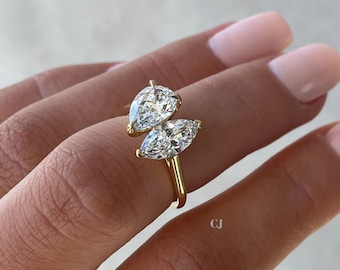 Two Stone Moissanite Ring Pear and Marquise Cut Moissanite Diamond toi et moi ring for women solid gold and silver anniversary gift for her