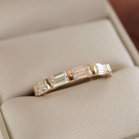 Emerald Half Eternity Band / 14k Solid Yellow Gold / Moissanite Diamond Band / Dainty Band / Wedding Gift for Her